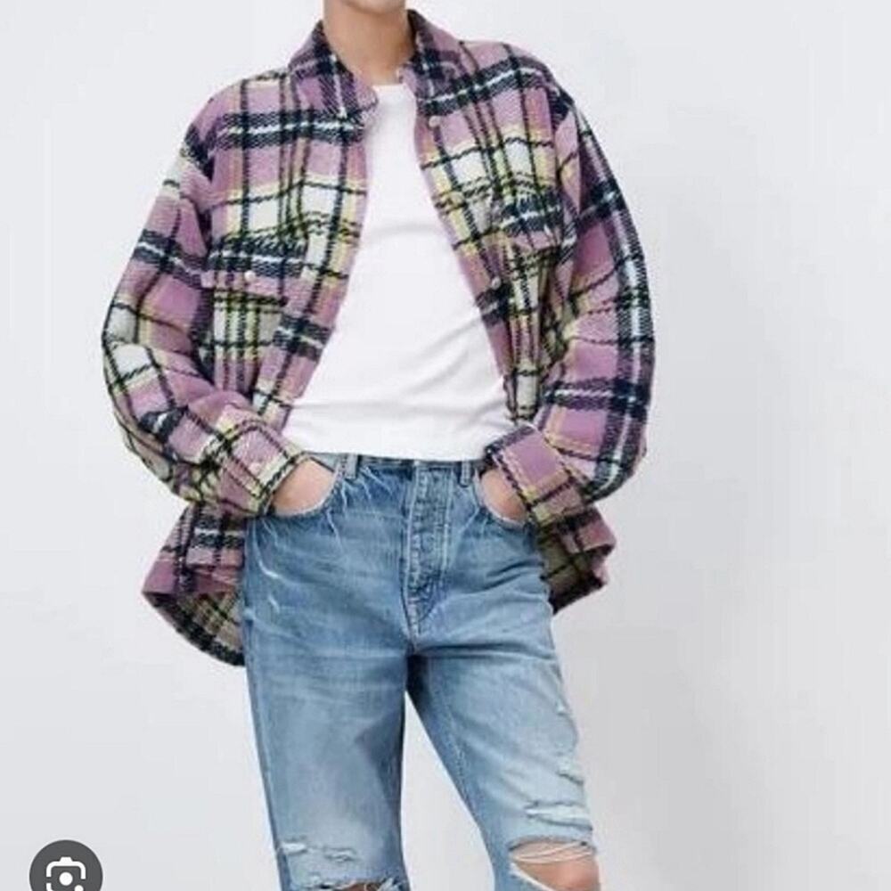 Zara Lavender Plaid Jeweled Oversized Shacket M - Picture 2 of 11